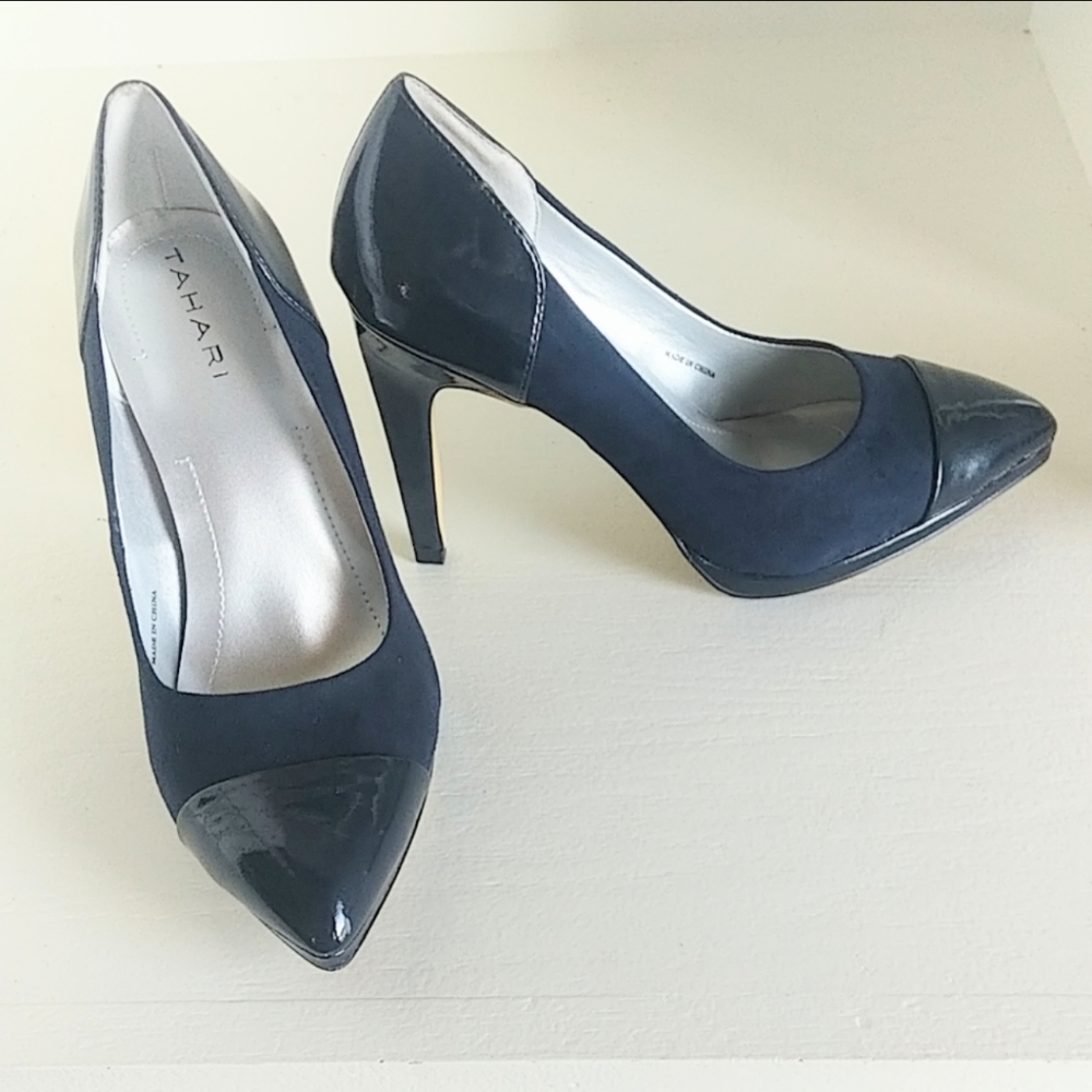 Tahari navy suede and leather pumps
